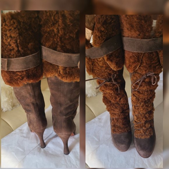 Nicole Miller New York Shearling And Suede Leather Platform Boots Brown Sz 9.5